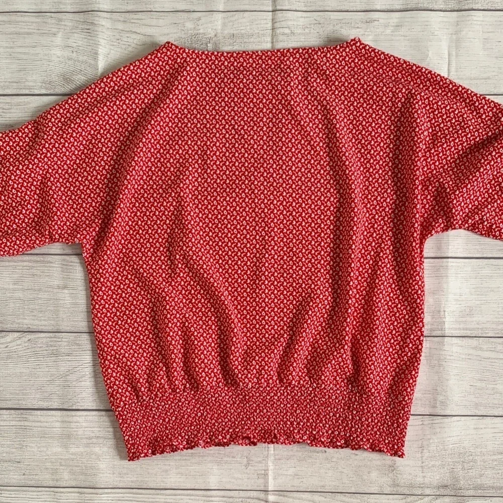 Michael Kors Dolman Sleeve Red Floral Patterned Blouse Gold Logo Accents
